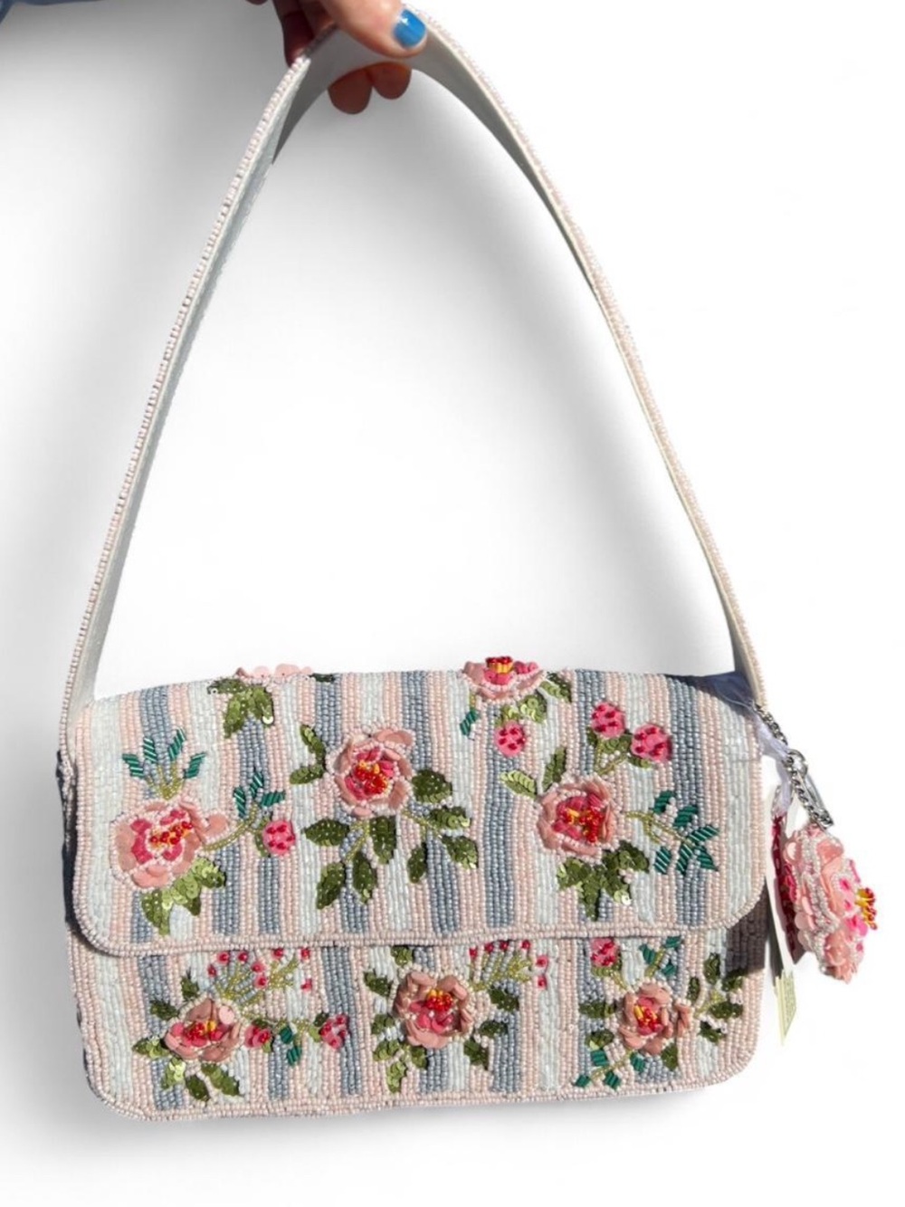 blue and pink striped floral roses beaded shoulder bag made in india